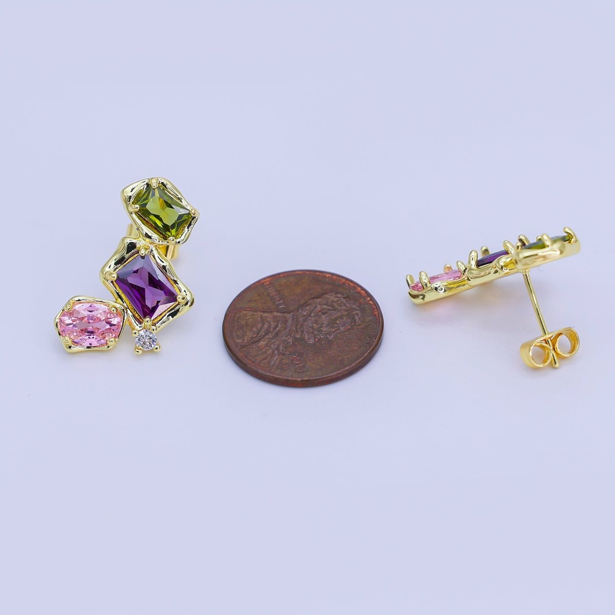 24K Gold Filled Multicolor CZ Baguette Molten CZ Stud Earrings | AI465 - DLUXCA