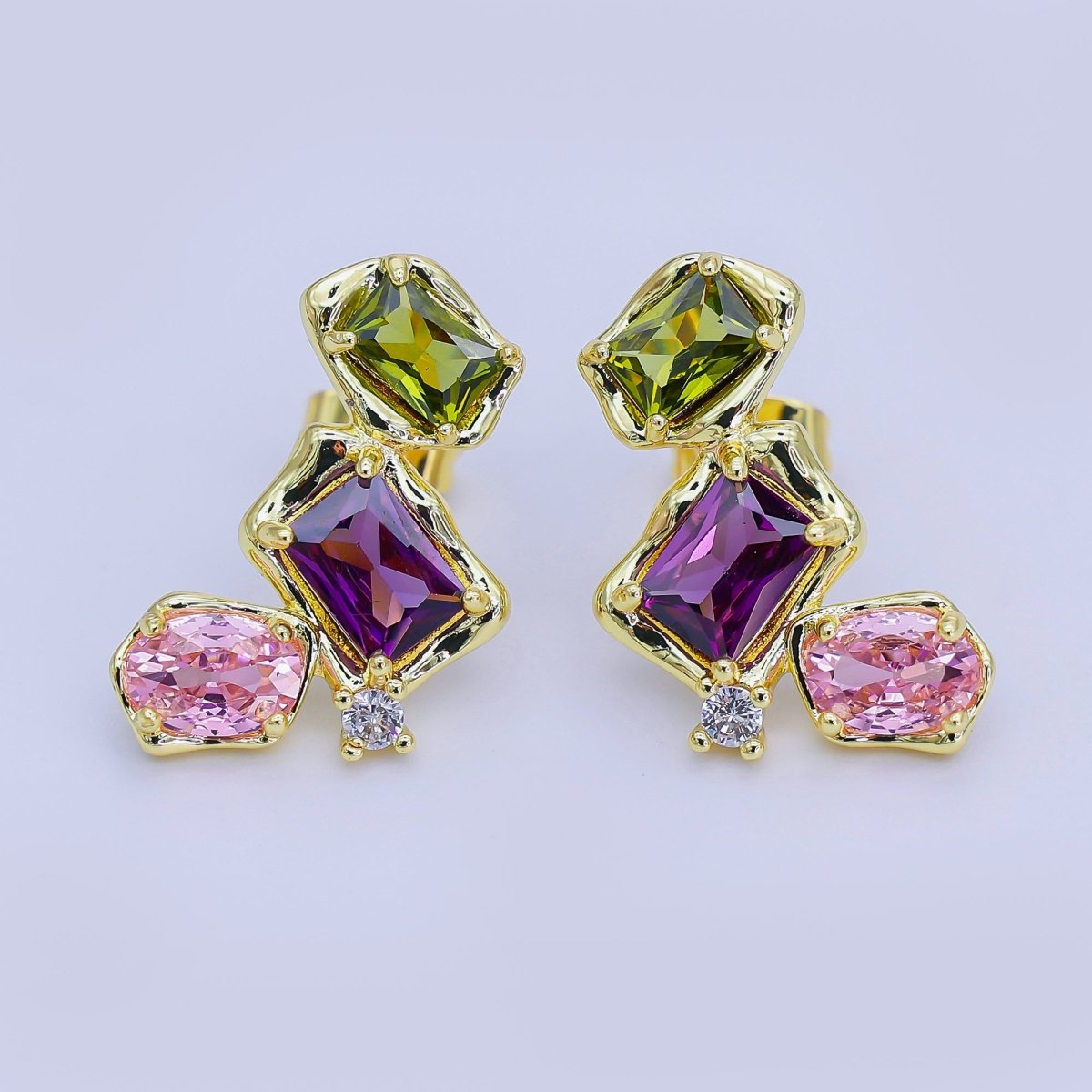 24K Gold Filled Multicolor CZ Baguette Molten CZ Stud Earrings | AI465 - DLUXCA