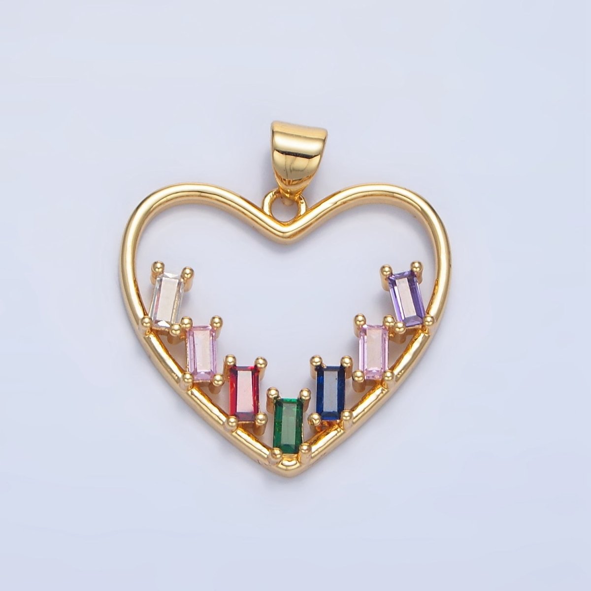 24K Gold Filled Multicolor CZ Baguette Open Heart Bezel Pendant | AA781 - DLUXCA