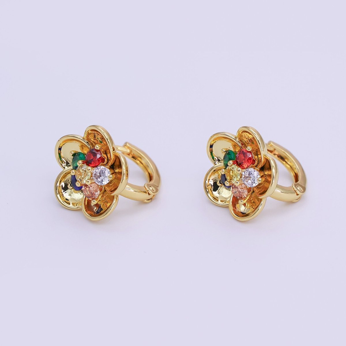 24K Gold Filled Multicolor CZ Cluster Flower Huggie Earrings | AI540 - DLUXCA