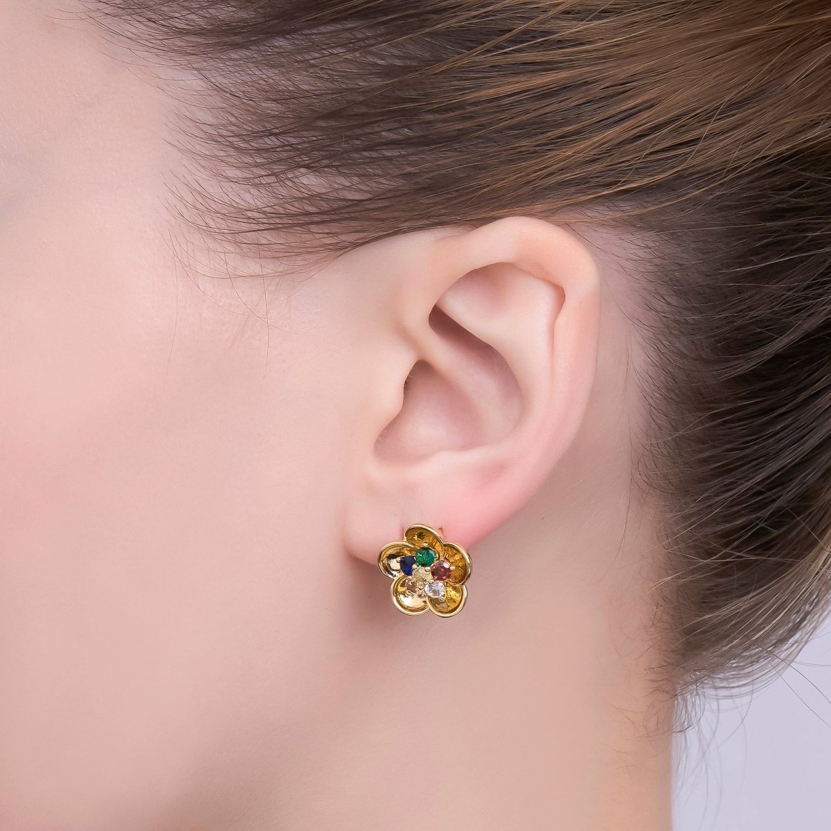 24K Gold Filled Multicolor CZ Cluster Flower Huggie Earrings | AI540 - DLUXCA