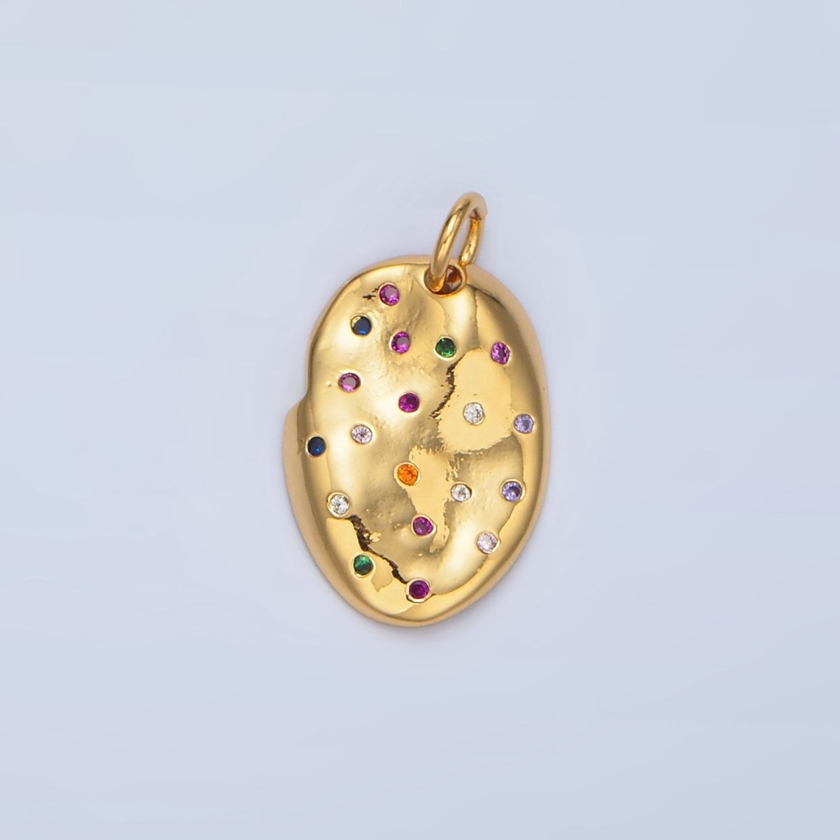 24K Gold Filled Multicolor CZ Dotted Hammered Oval Charm | X607 - DLUXCA