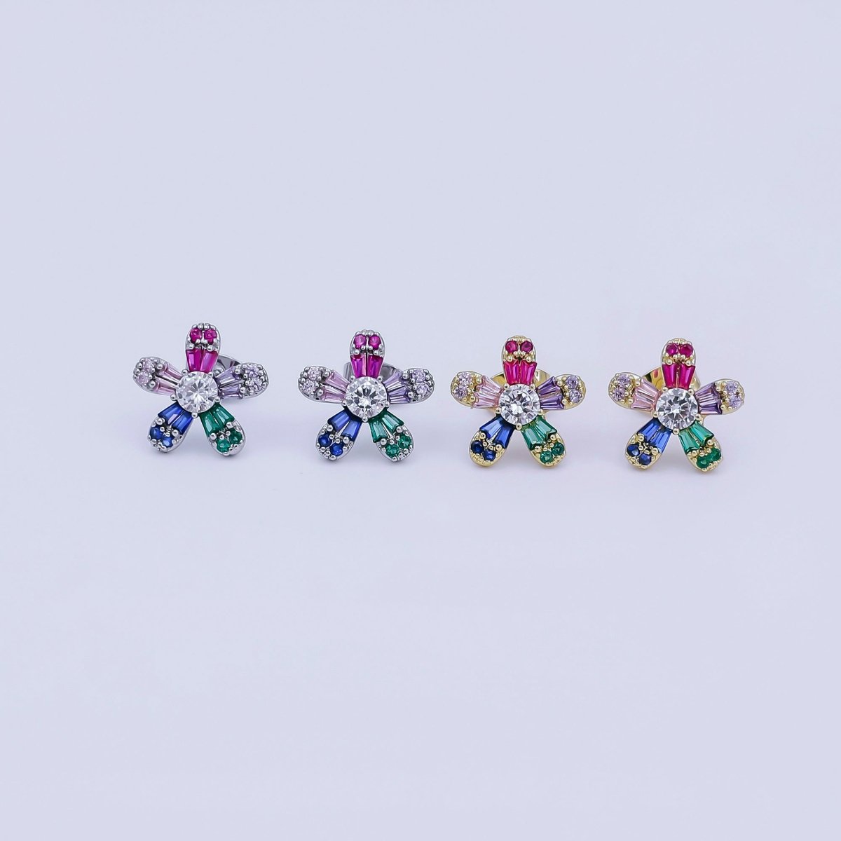 24K Gold Filled Multicolor CZ Flower Stud Earrings in Gold & Silver | AI519 AI520 - DLUXCA