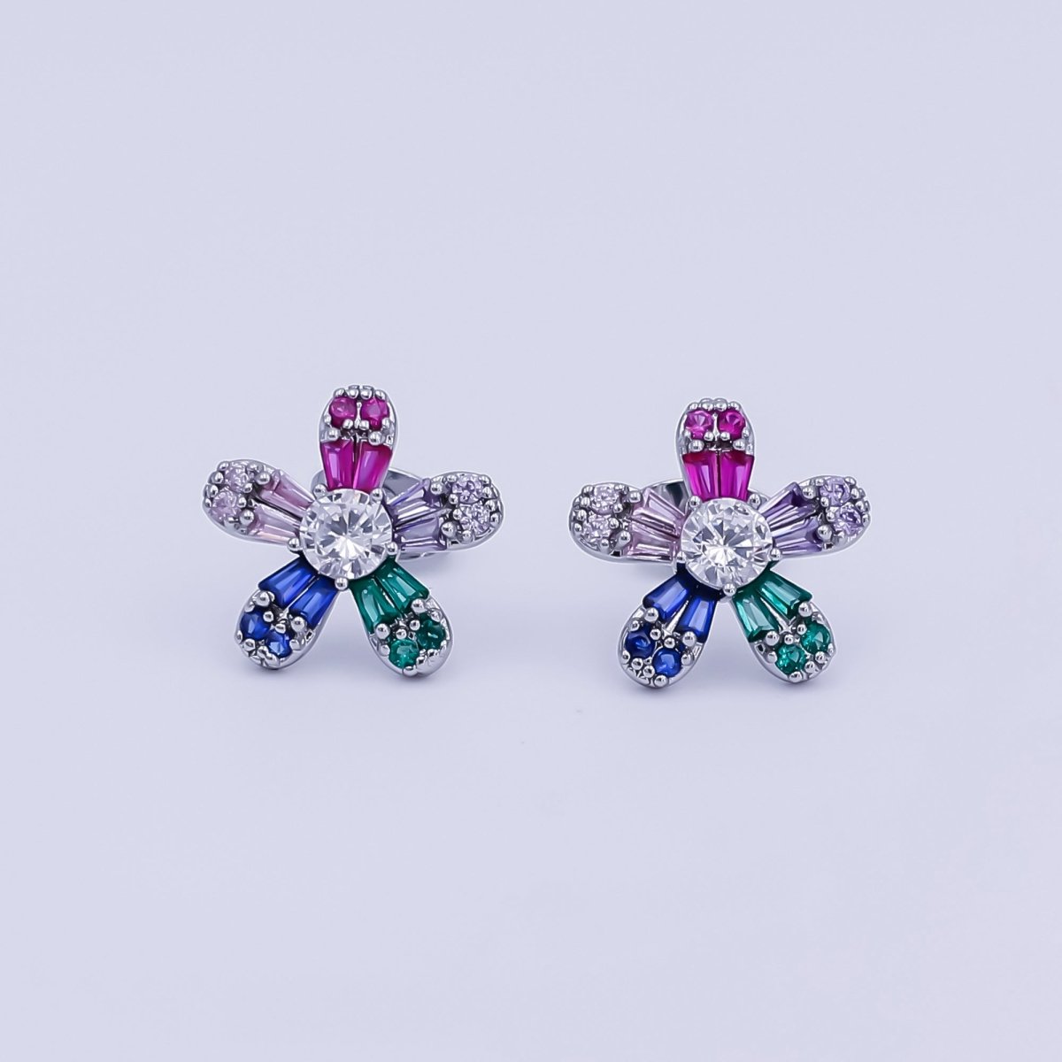 24K Gold Filled Multicolor CZ Flower Stud Earrings in Gold & Silver | AI519 AI520 - DLUXCA