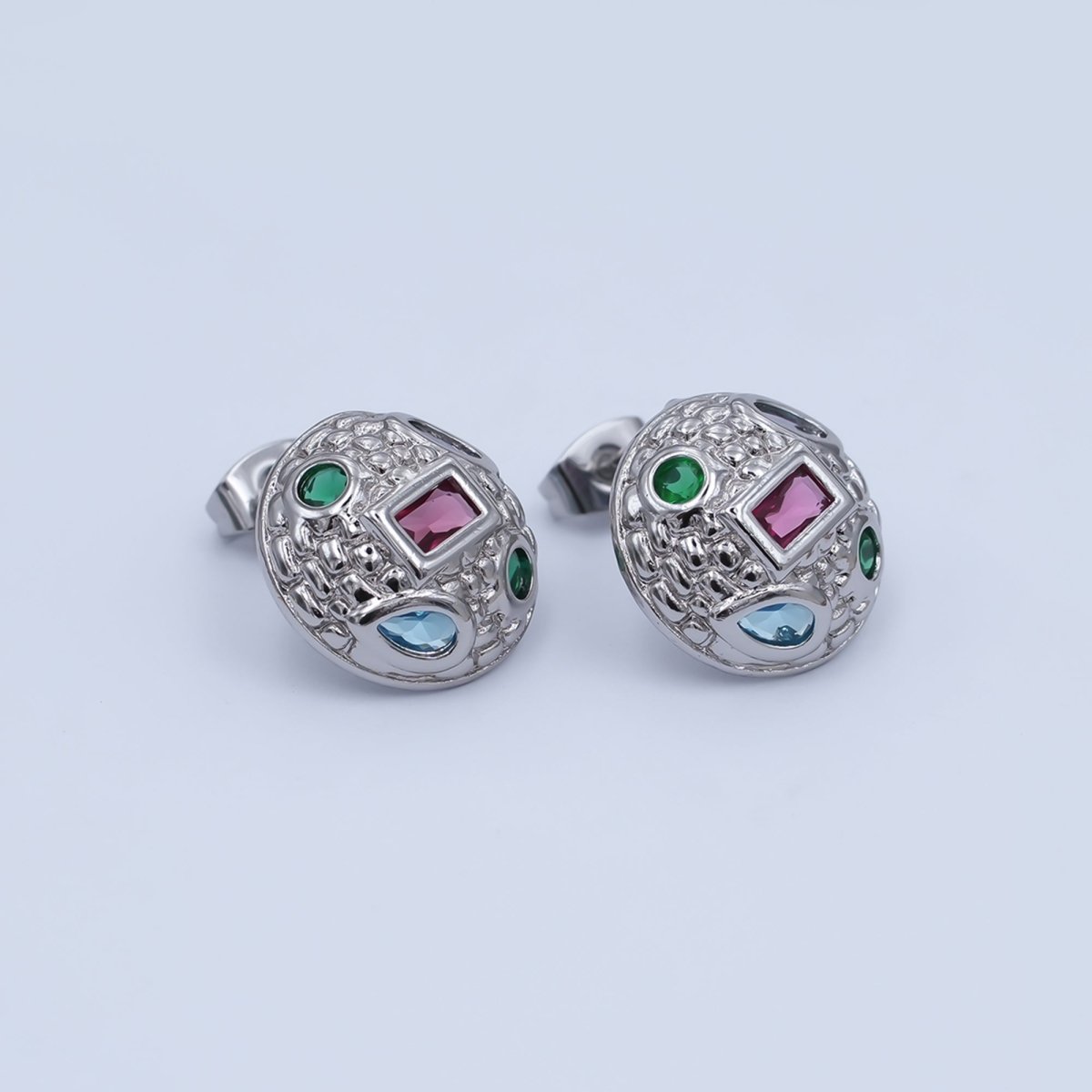 24K Gold Filled Multicolor CZ Hammered Dome Round Stud Earrings in Gold & Silver | AI474 AI494 - DLUXCA