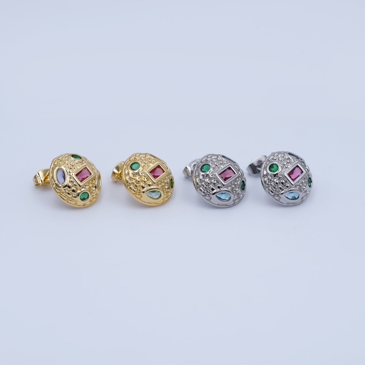 24K Gold Filled Multicolor CZ Hammered Dome Round Stud Earrings in Gold & Silver | AI474 AI494 - DLUXCA