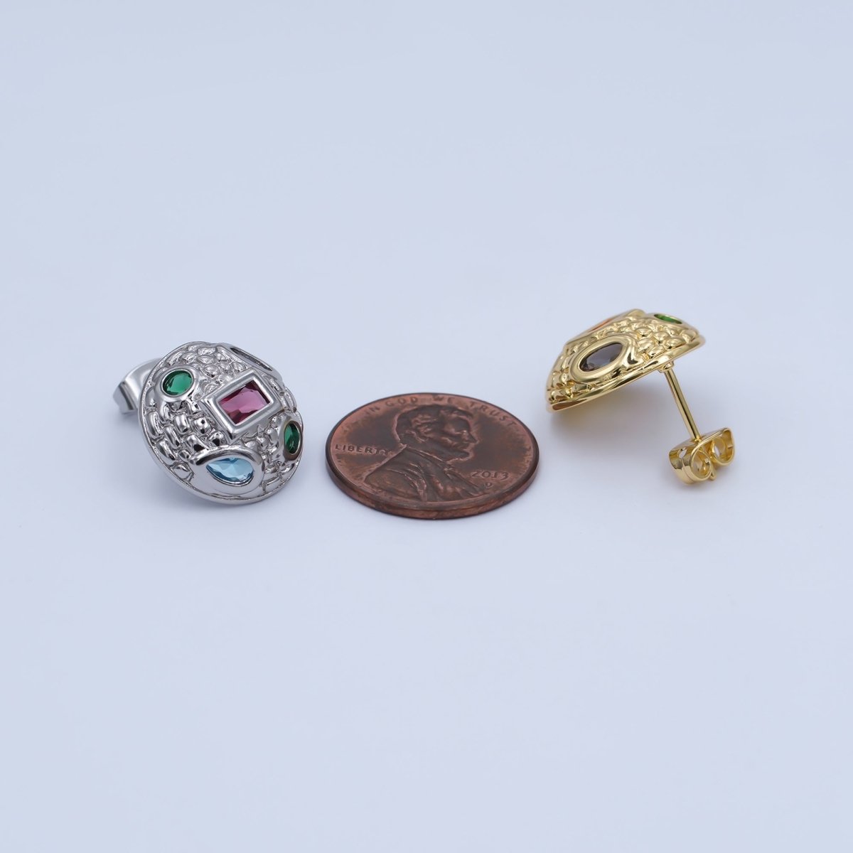 24K Gold Filled Multicolor CZ Hammered Dome Round Stud Earrings in Gold & Silver | AI474 AI494 - DLUXCA