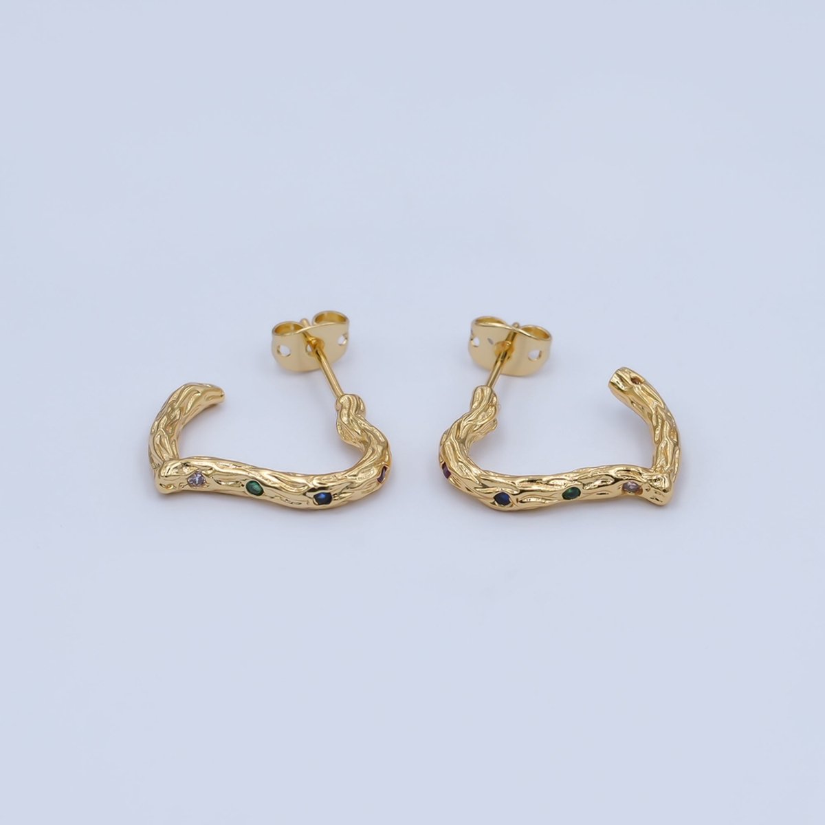 24K Gold Filled Multicolor CZ Hammered J - Shaped Hoop Earrings | AI470 AI493 - DLUXCA