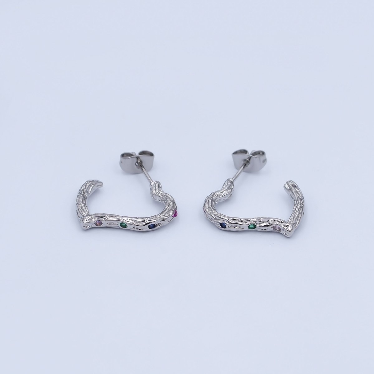 24K Gold Filled Multicolor CZ Hammered J - Shaped Hoop Earrings | AI470 AI493 - DLUXCA