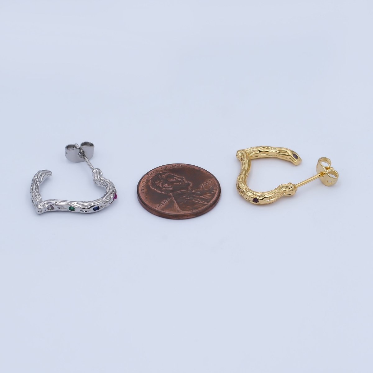 24K Gold Filled Multicolor CZ Hammered J - Shaped Hoop Earrings | AI470 AI493 - DLUXCA
