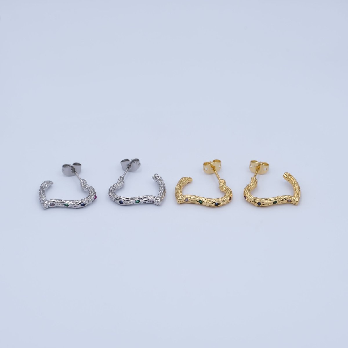 24K Gold Filled Multicolor CZ Hammered J - Shaped Hoop Earrings | AI470 AI493 - DLUXCA