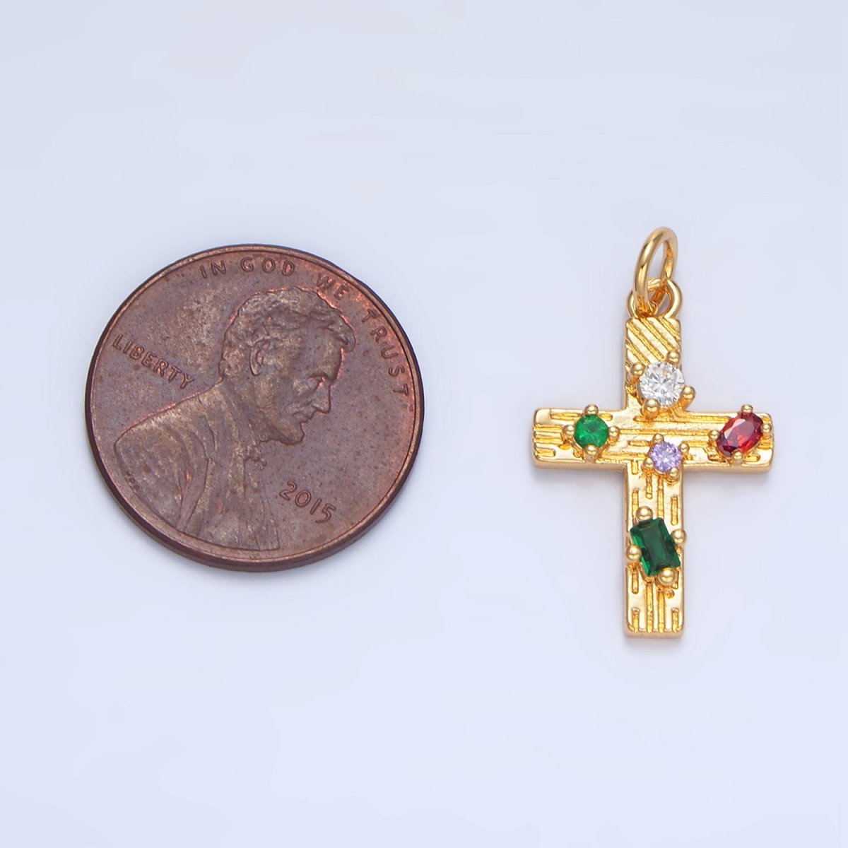 24K Gold Filled Multicolor CZ Line - Textured Cross Charm | X821 - DLUXCA