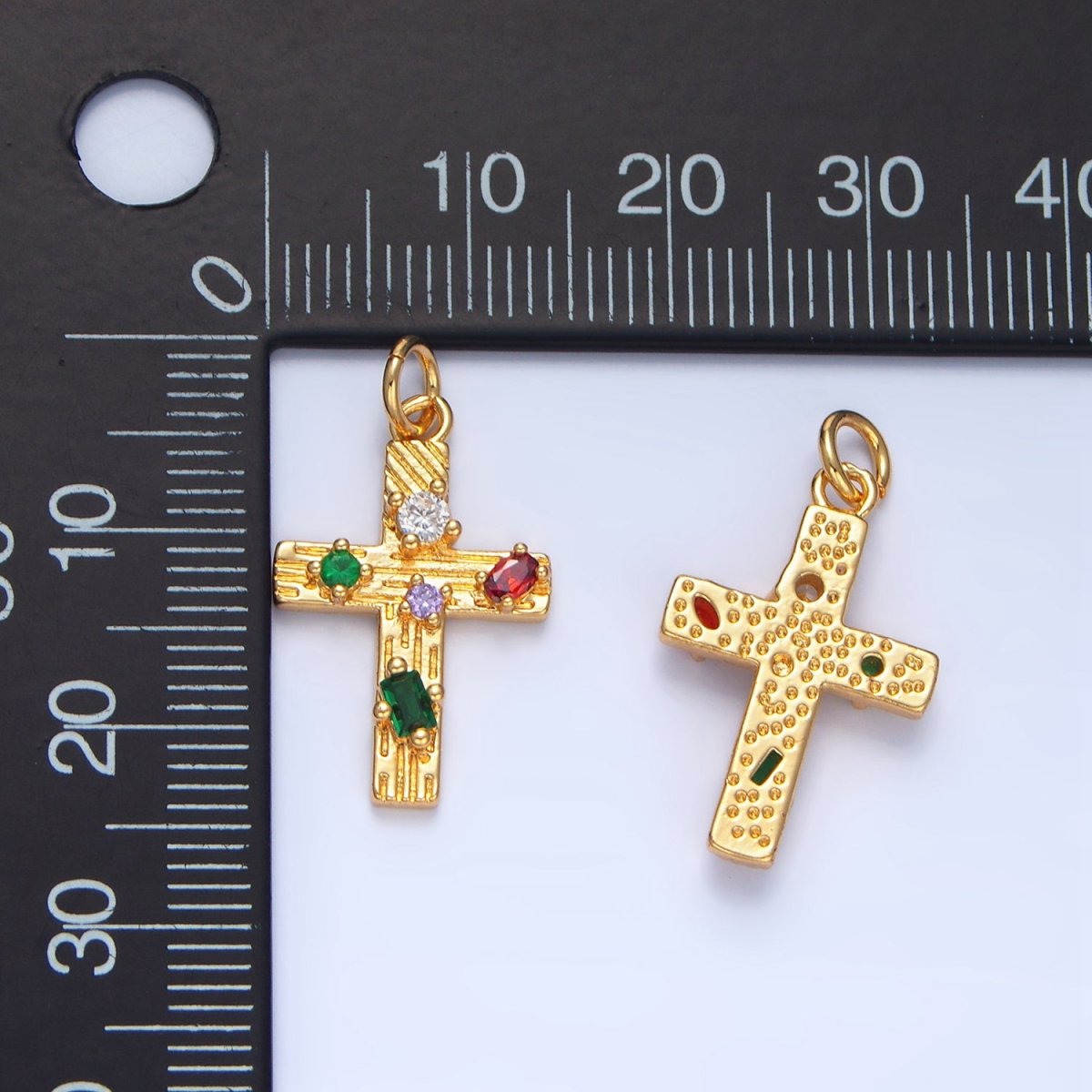 24K Gold Filled Multicolor CZ Line - Textured Cross Charm | X821 - DLUXCA