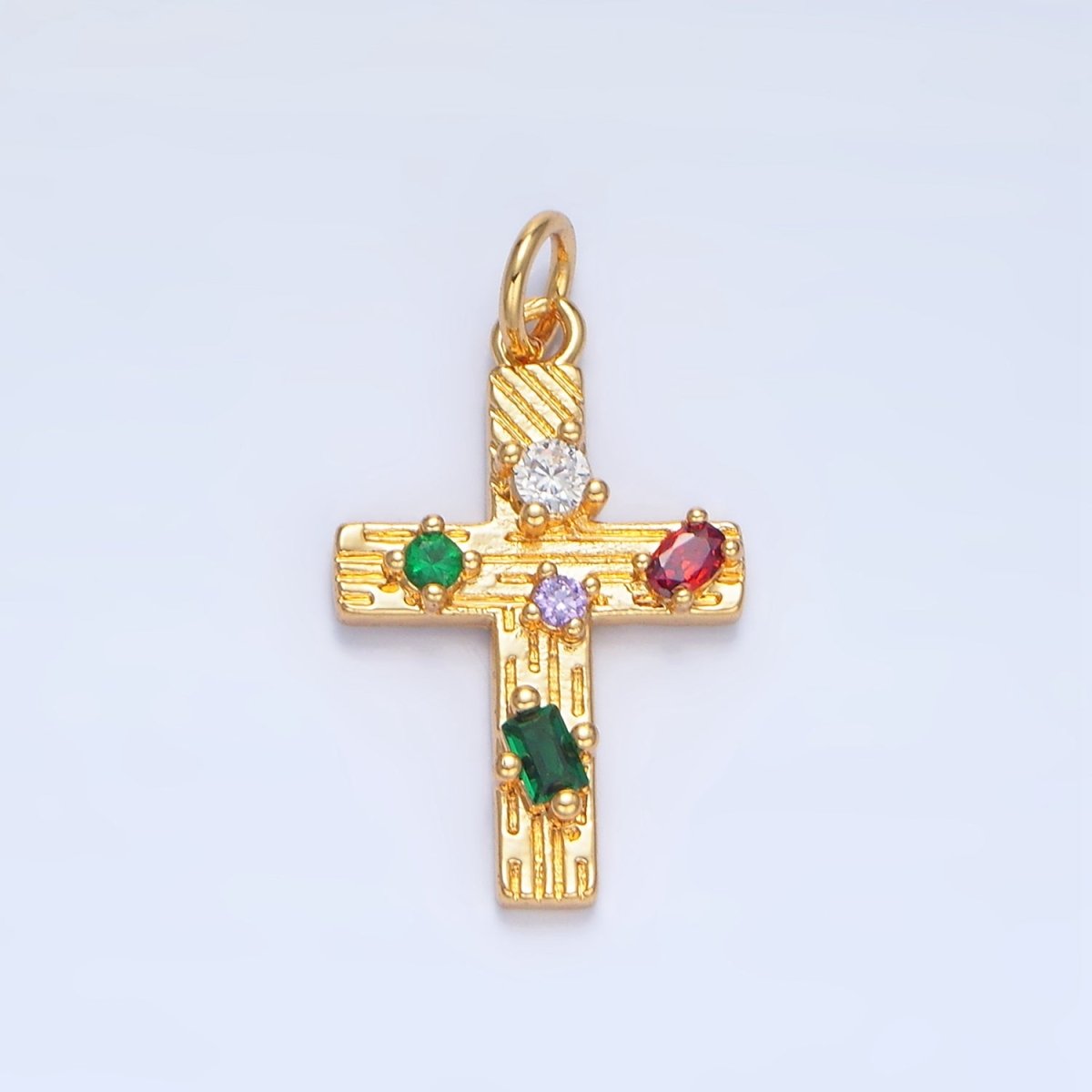 24K Gold Filled Multicolor CZ Line - Textured Cross Charm | X821 - DLUXCA