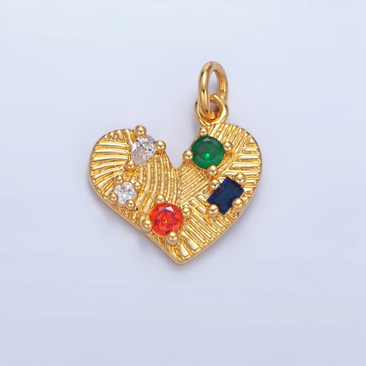 24K Gold Filled Multicolor CZ Line - Textured Heart Charm | X819 - DLUXCA