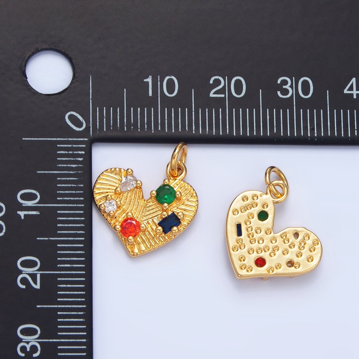 24K Gold Filled Multicolor CZ Line - Textured Heart Charm | X819 - DLUXCA