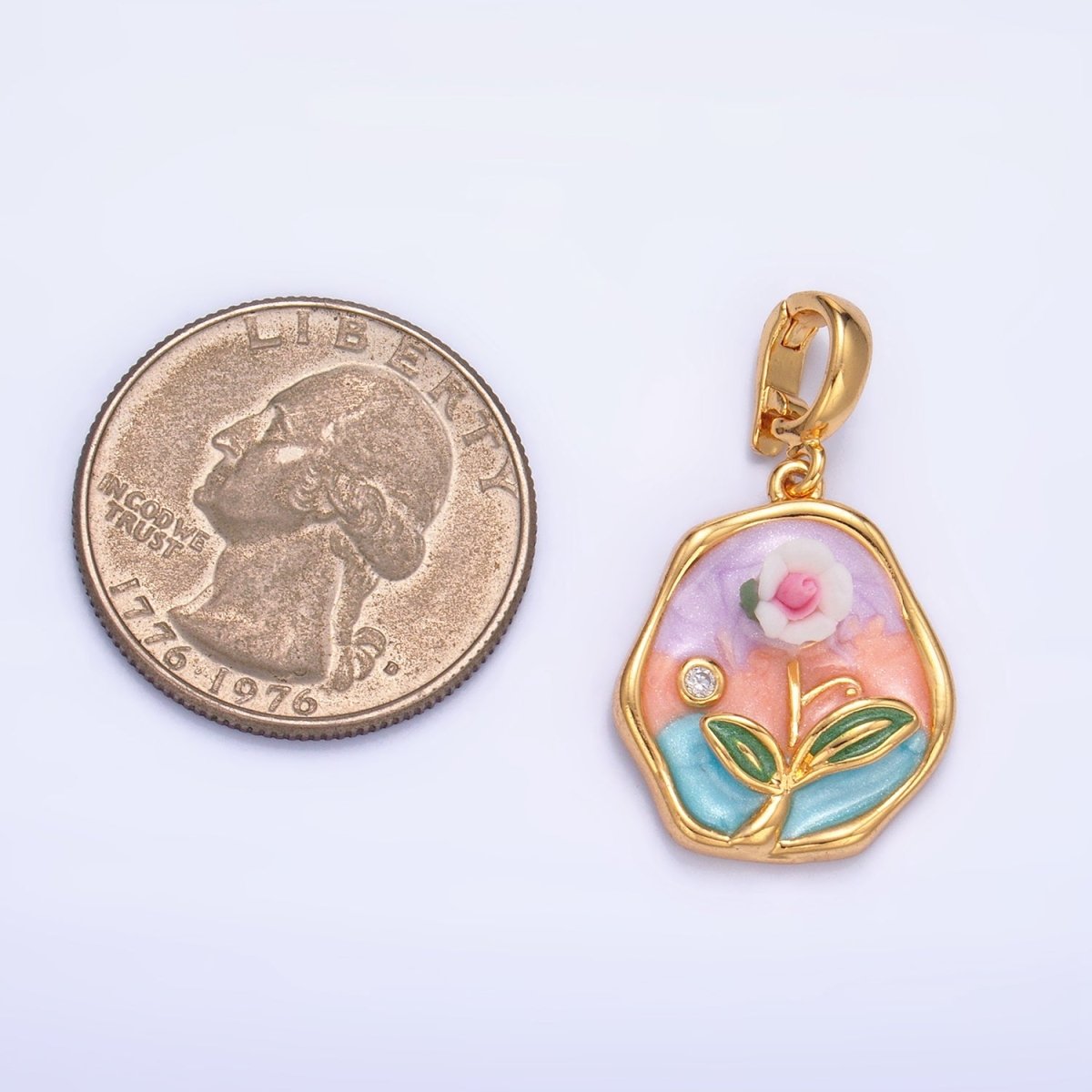 24K Gold Filled Multicolor Enamel Pastel Flower Stamped Snap Latch Bail Pendant | AA1020 - DLUXCA