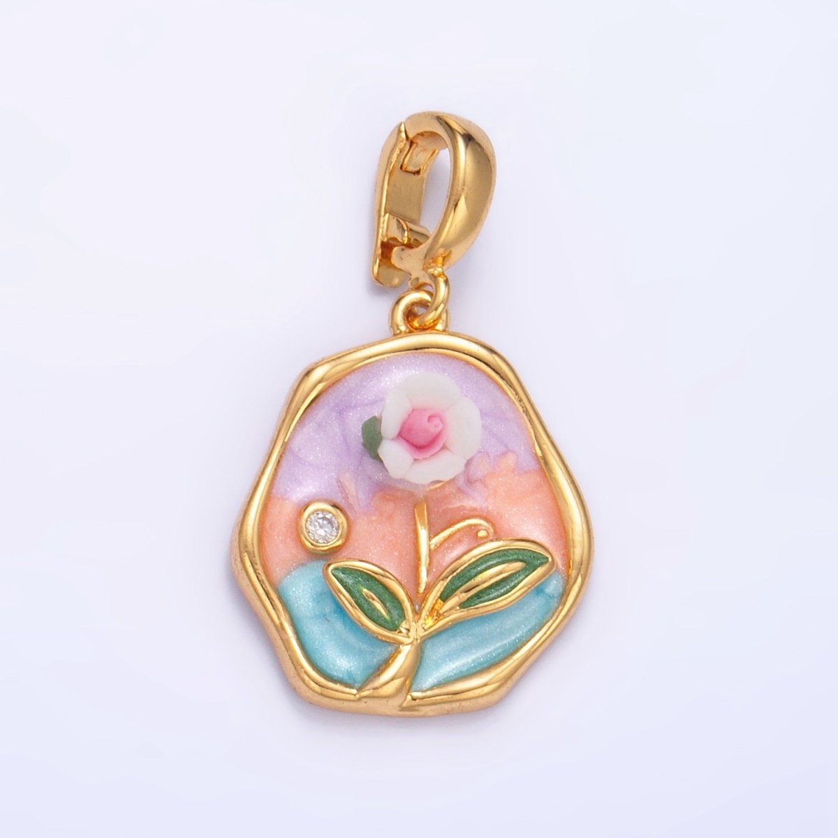 24K Gold Filled Multicolor Enamel Pastel Flower Stamped Snap Latch Bail Pendant | AA1020 - DLUXCA