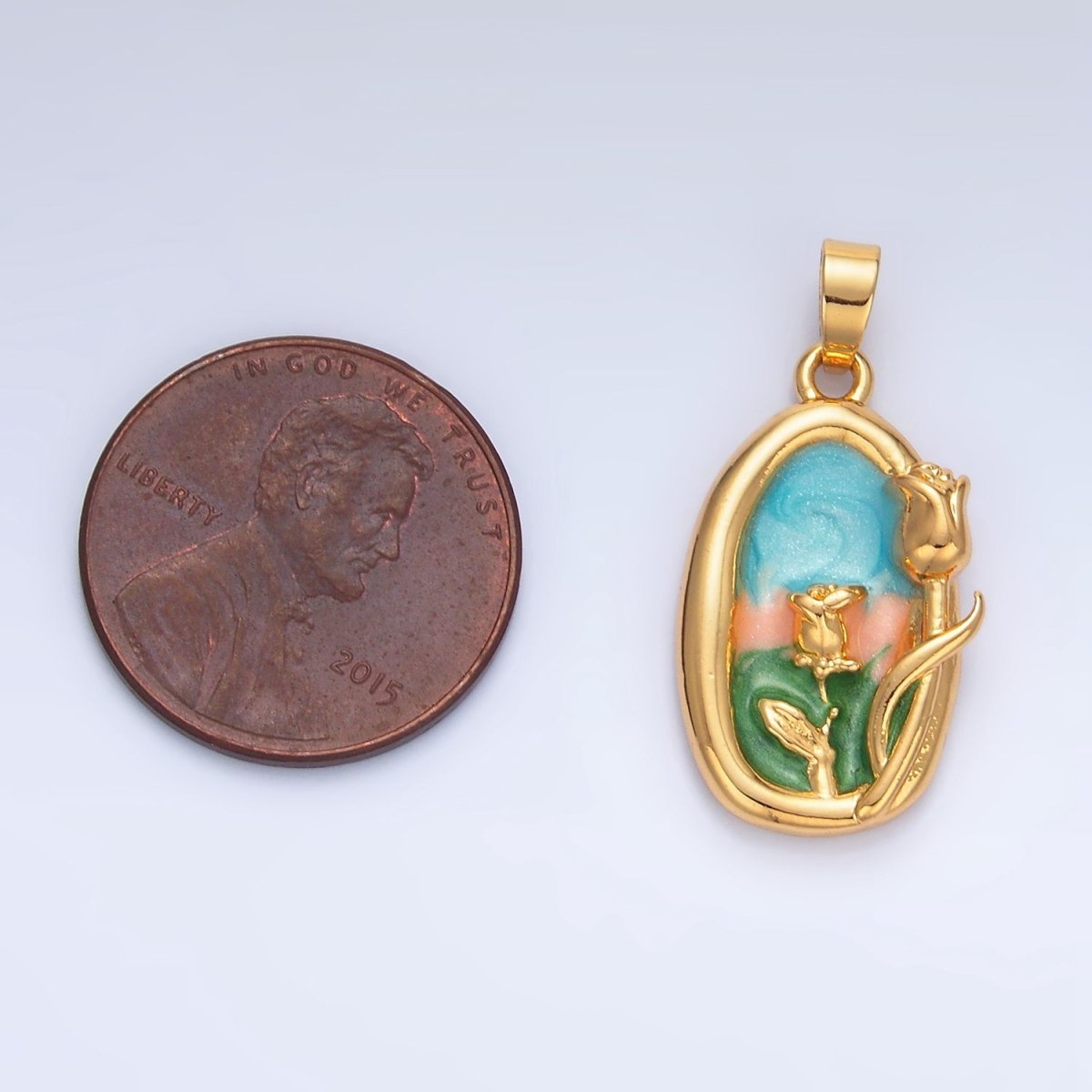 24K Gold Filled Multicolor Enamel Rose Floral Stamped Pendant | AA988 - DLUXCA