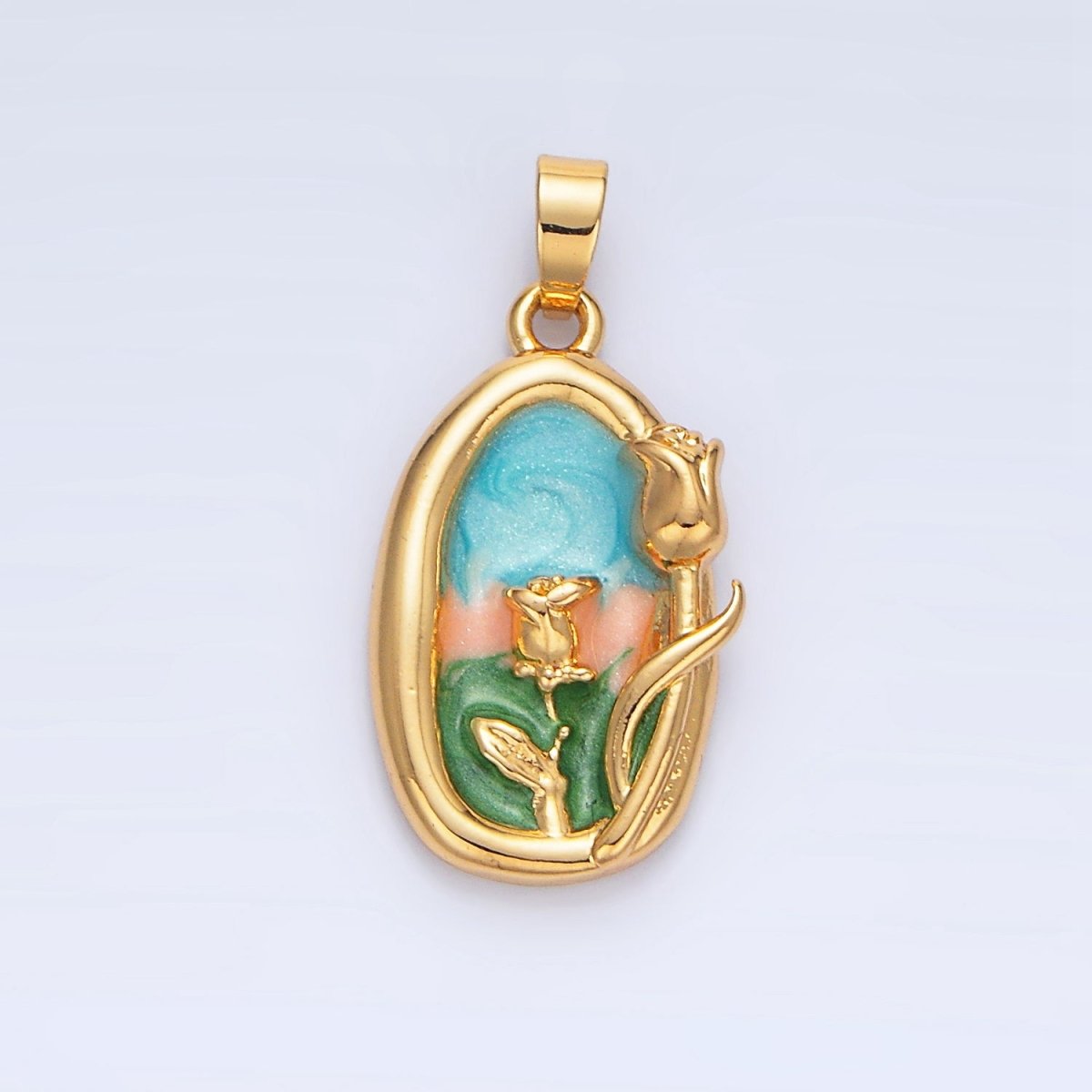 24K Gold Filled Multicolor Enamel Rose Floral Stamped Pendant | AA988 - DLUXCA