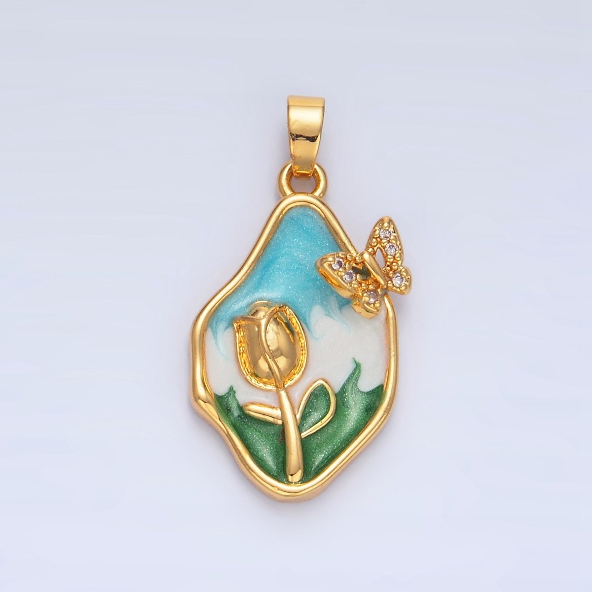 24K Gold Filled Multicolor Enamel Tulip Butterfly Micro Paved CZ Nature Pendant | AA799 - DLUXCA