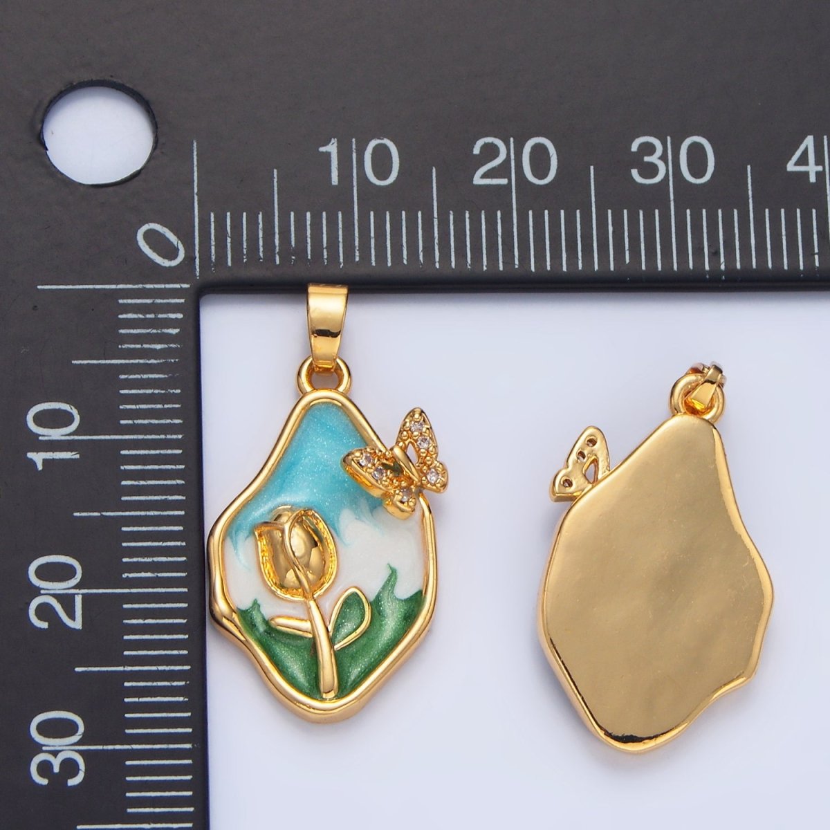 24K Gold Filled Multicolor Enamel Tulip Butterfly Micro Paved CZ Nature Pendant | AA799 - DLUXCA