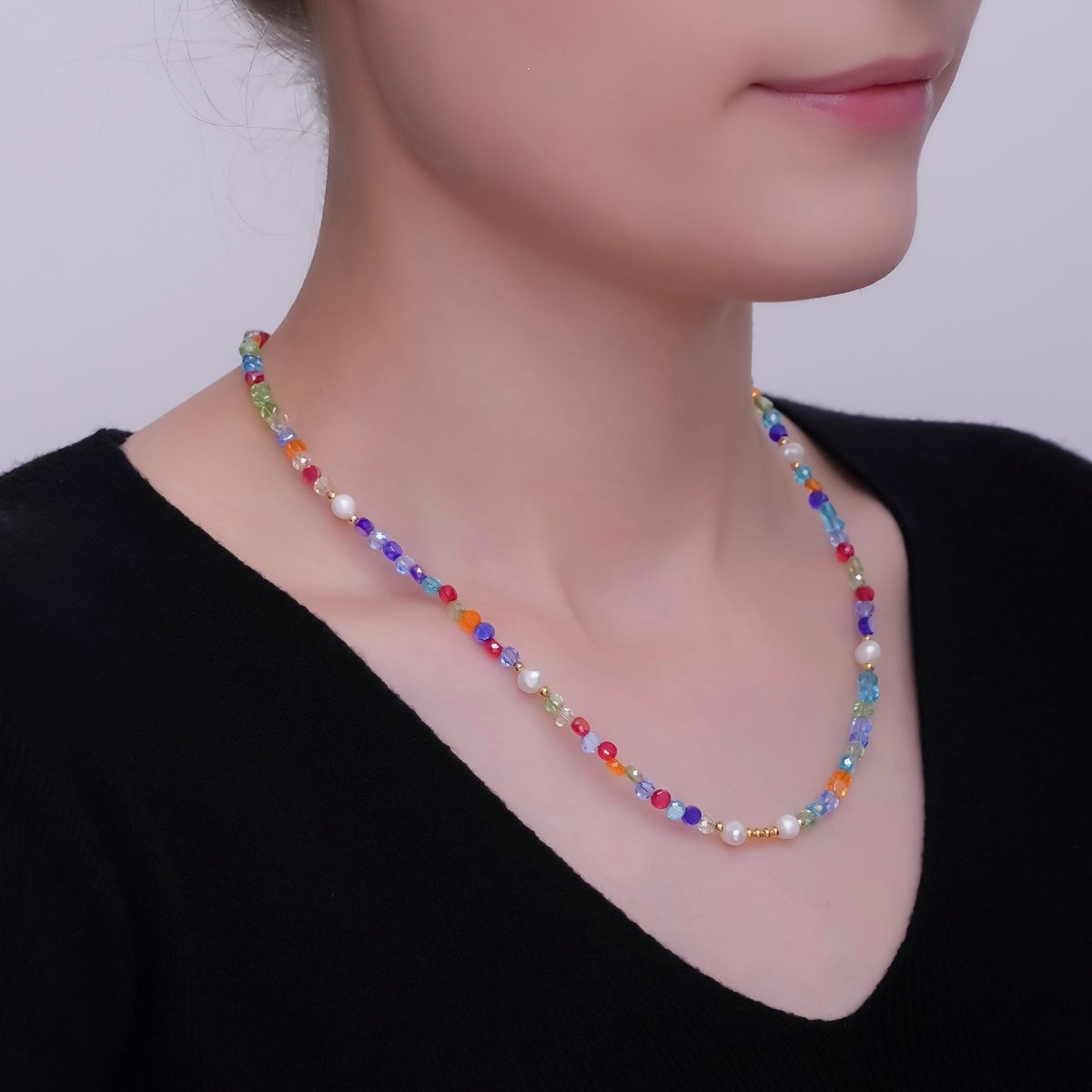 24K Gold Filled Multicolor Flat Gemstone 17.5 Inch Necklace | WA - 2972 - DLUXCA