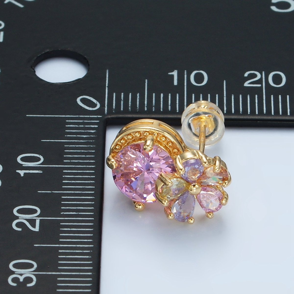 24K Gold Filled Multicolor Flower Petal Pink CZ Drop Stud Earrings | AD621 - DLUXCA