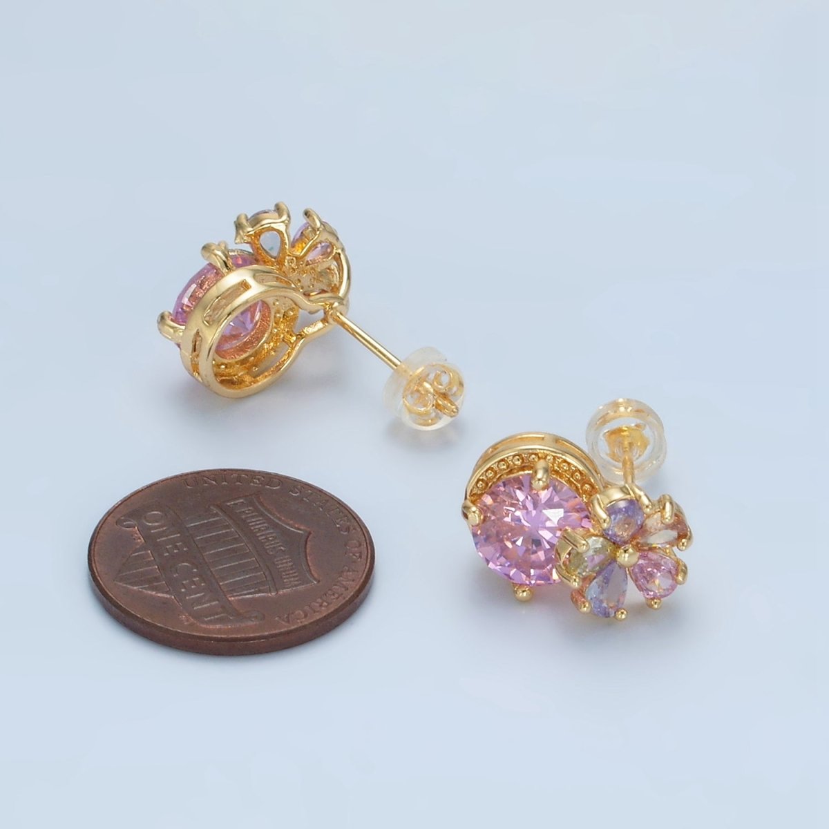 24K Gold Filled Multicolor Flower Petal Pink CZ Drop Stud Earrings | AD621 - DLUXCA