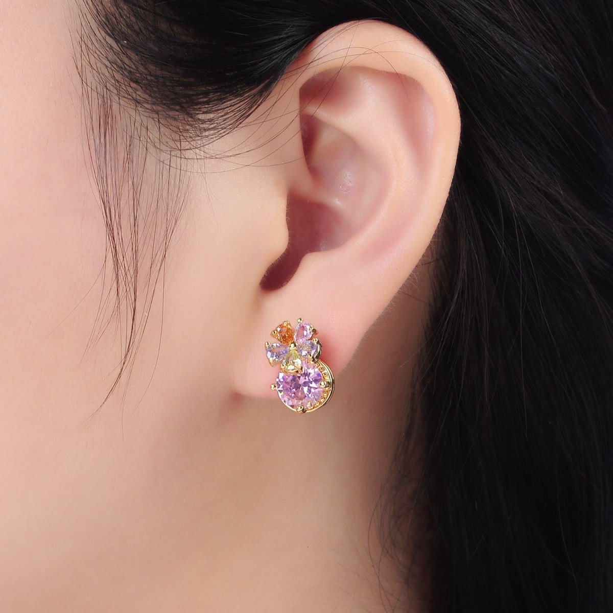 24K Gold Filled Multicolor Flower Petal Pink CZ Drop Stud Earrings | AD621 - DLUXCA