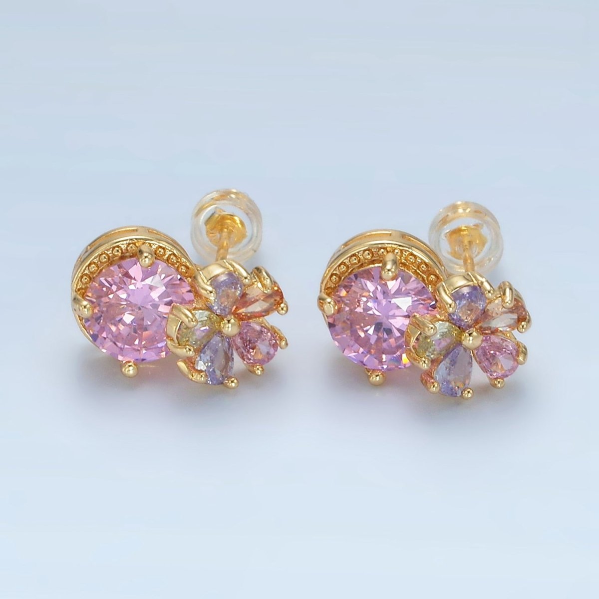 24K Gold Filled Multicolor Flower Petal Pink CZ Drop Stud Earrings | AD621 - DLUXCA