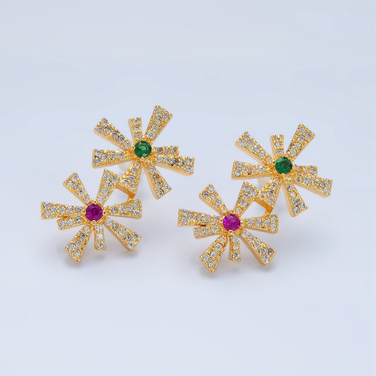 24K Gold Filled Multicolor Green, Blue CZ Micro Paved Double Flower Drop Stud Earrings | P107 P110 - DLUXCA