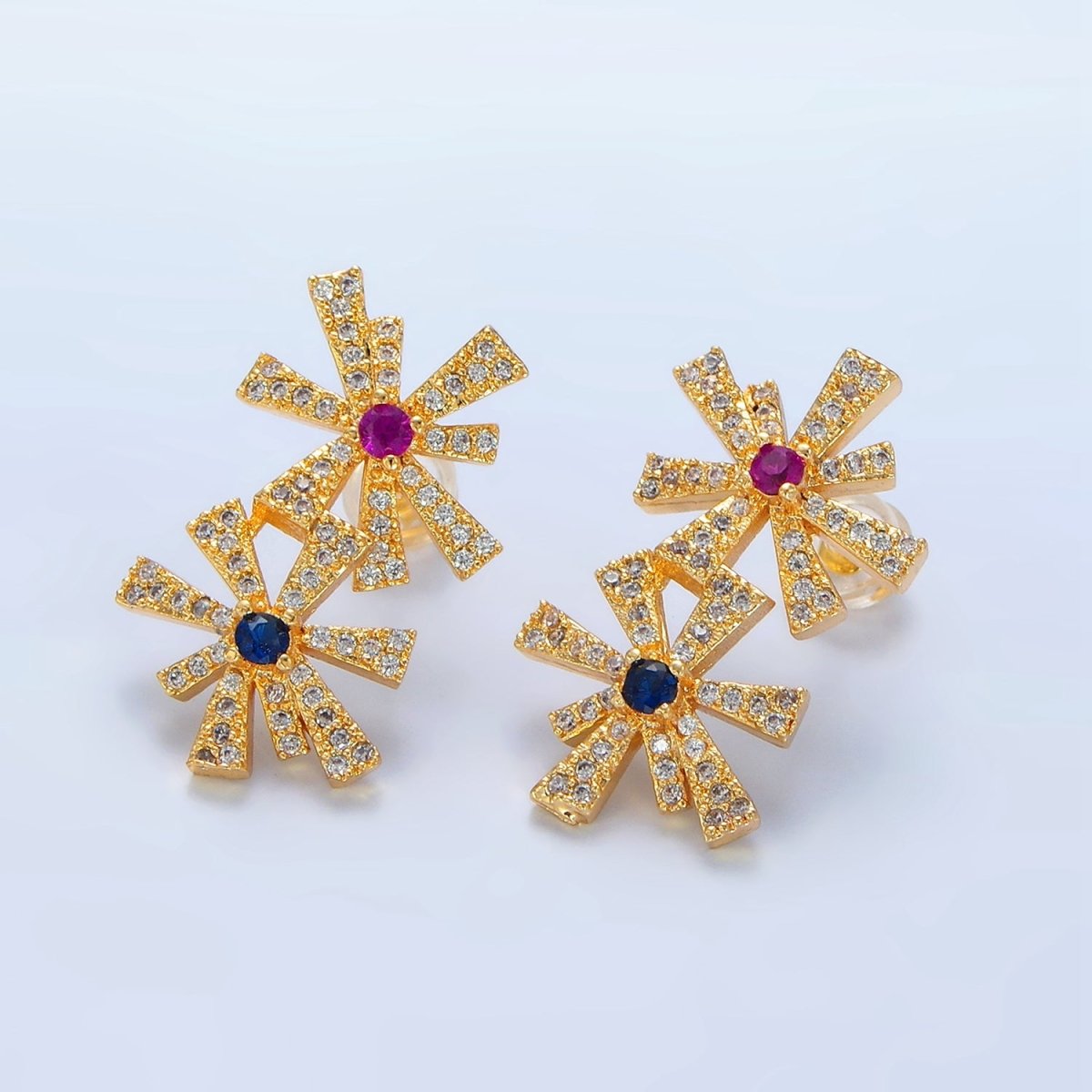 24K Gold Filled Multicolor Green, Blue CZ Micro Paved Double Flower Drop Stud Earrings | P107 P110 - DLUXCA