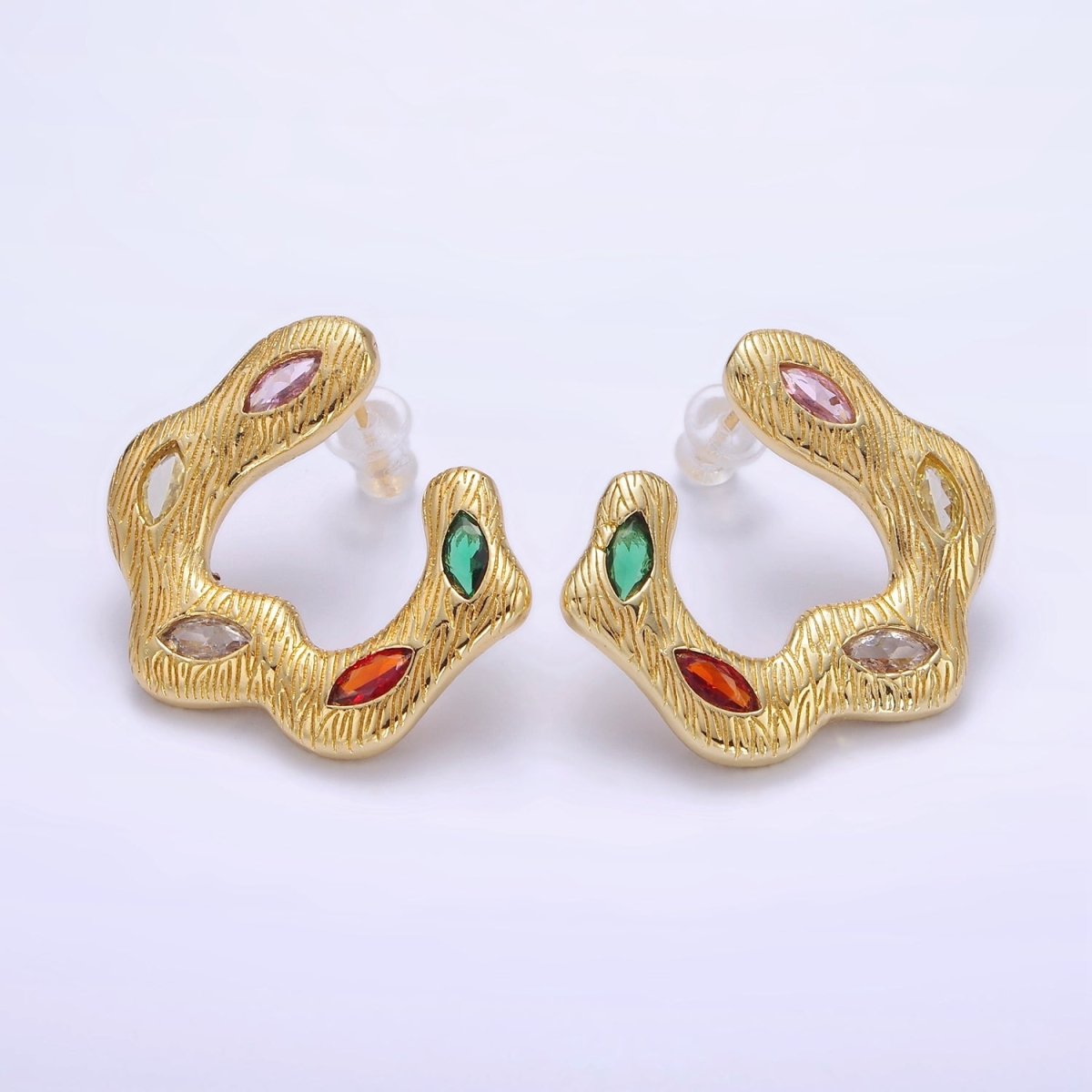 24K Gold Filled Multicolor Marquise CZ Wavy Line-Textured Stud Earrings Set | P526 - DLUXCA