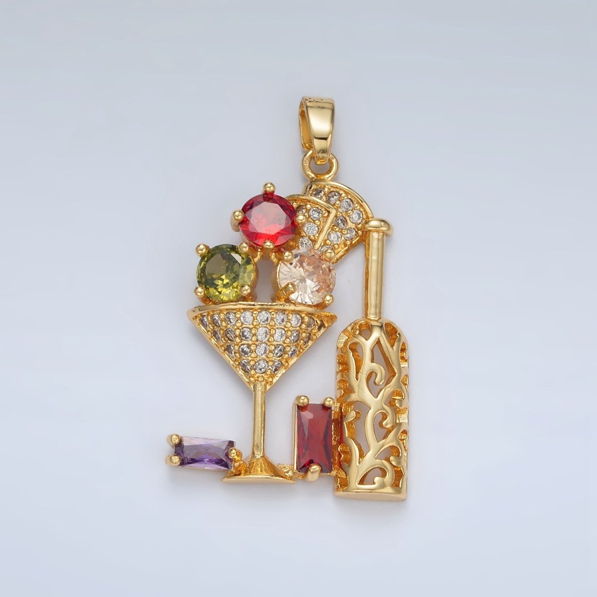 24K Gold Filled Multicolor Micro Paved Baguette CZ Martini Wine Alcohol Drinks Pendant | I708 - DLUXCA