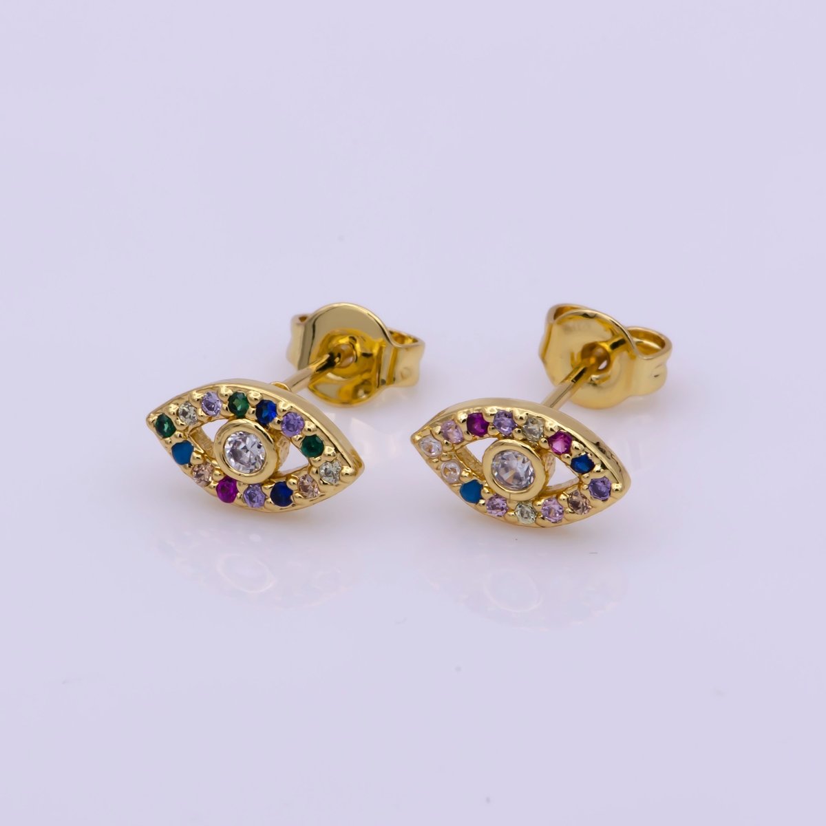 24K Gold Filled Multicolor Micro Paved CZ Evil Eye Stud Earrings | AB1184 - DLUXCA