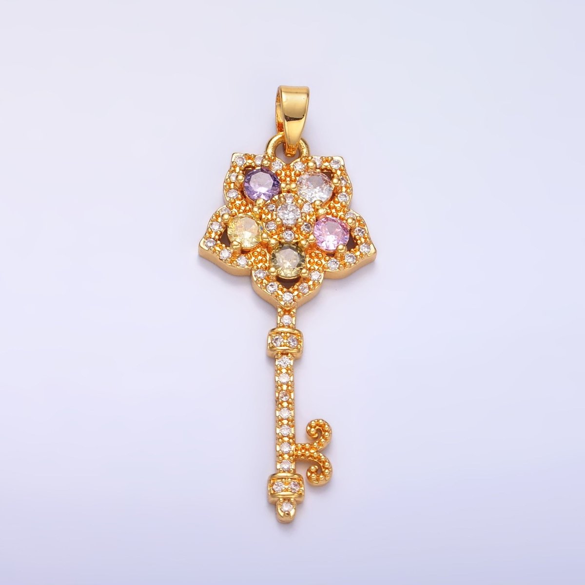 24K Gold Filled Multicolor Micro Paved CZ Flower Fleur Key Pendant | AA779 - DLUXCA