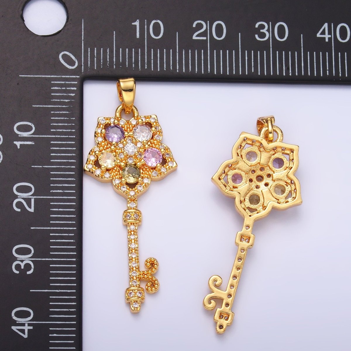 24K Gold Filled Multicolor Micro Paved CZ Flower Fleur Key Pendant | AA779 - DLUXCA