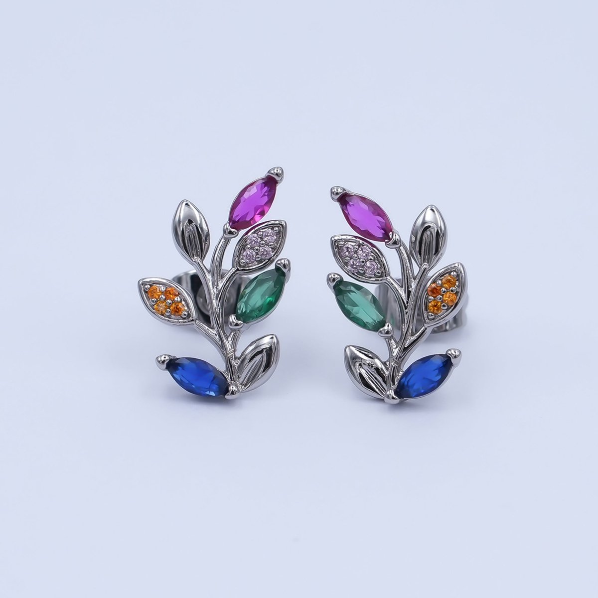 24K Gold Filled Multicolor Micro Paved CZ Leaf Stud Earrings in Gold & Silver | AI543 AI473 - DLUXCA