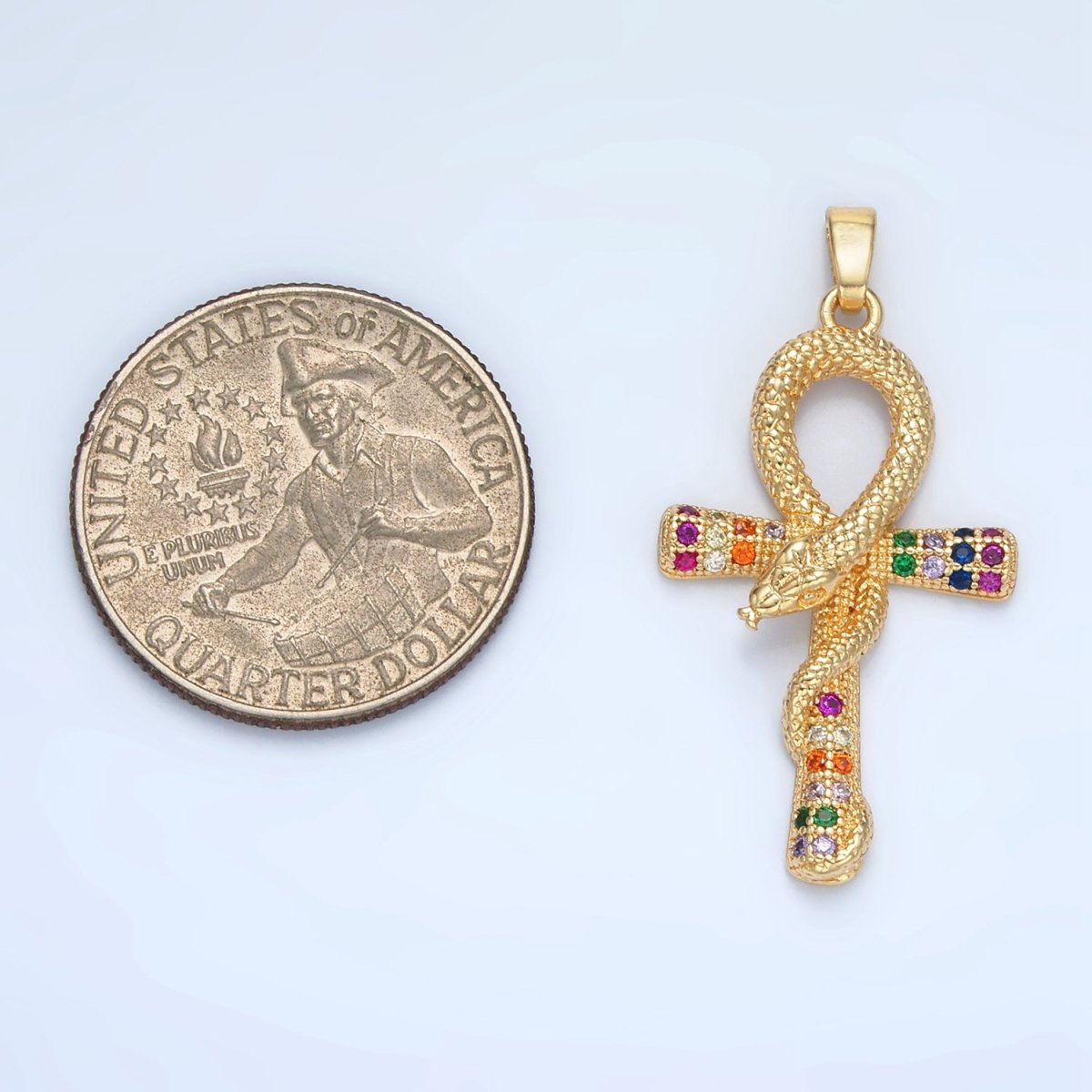 24K Gold Filled Multicolor Micro Paved CZ Snake Ankh Cross Pendant | AA864 - DLUXCA