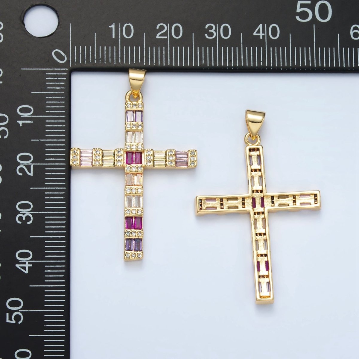 24K Gold Filled Multicolor Pink CZ Baguette Religious Cross Pendant | I255 - DLUXCA
