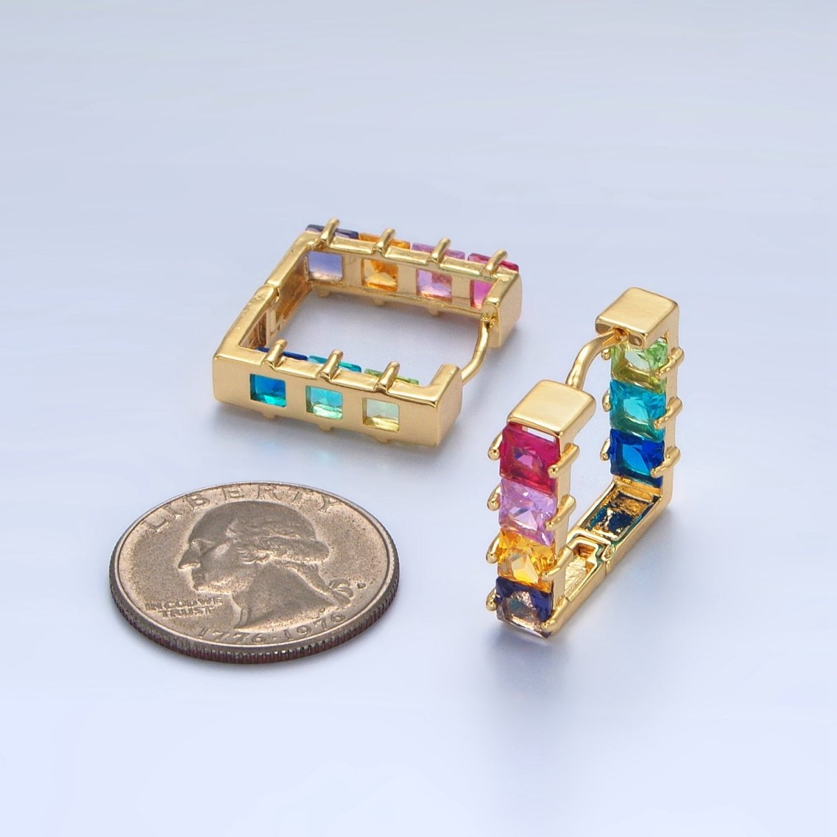 24K Gold Filled Multicolor Square CZ Front - Facing Square Huggie Earrings | AD768 - DLUXCA