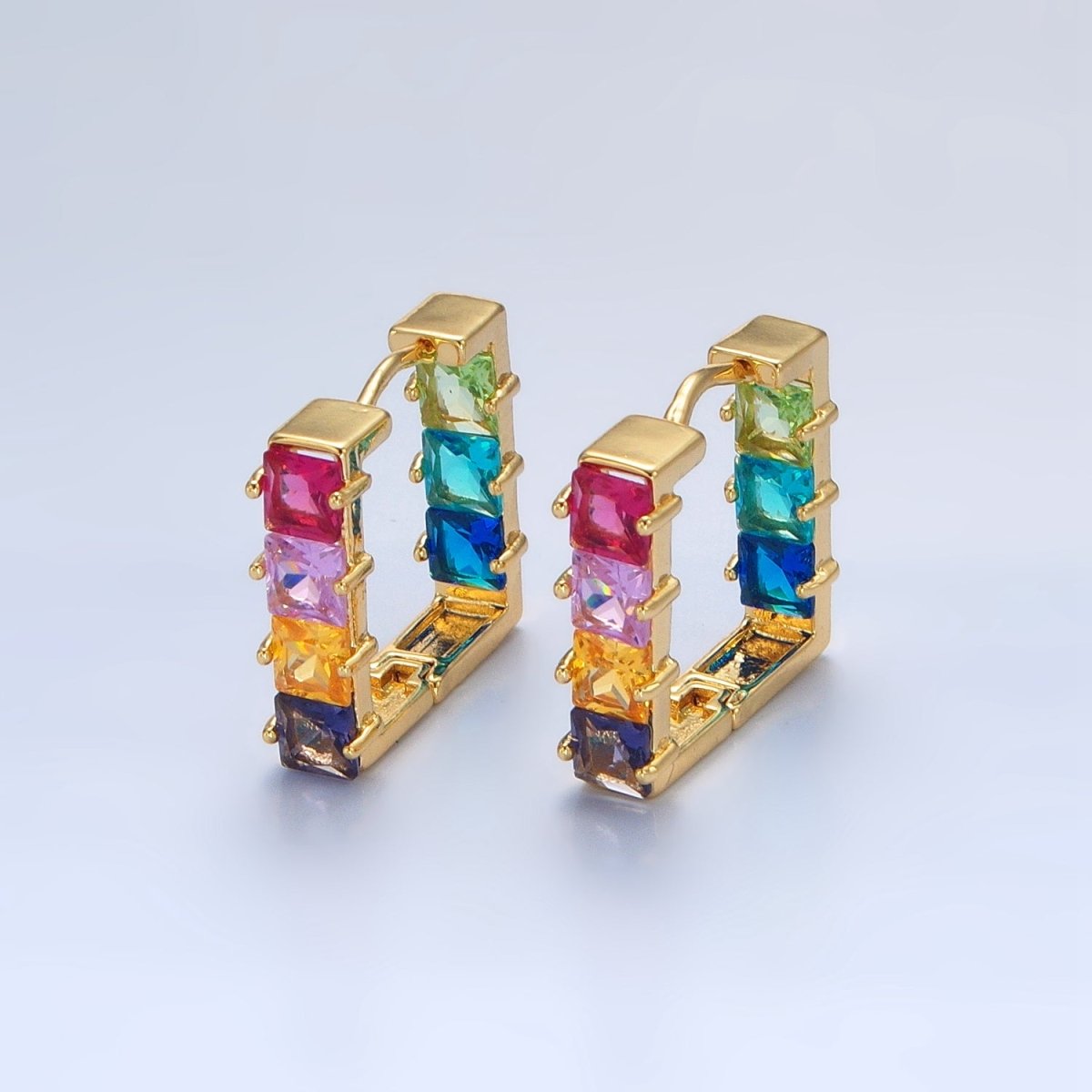 24K Gold Filled Multicolor Square CZ Front - Facing Square Huggie Earrings | AD768 - DLUXCA