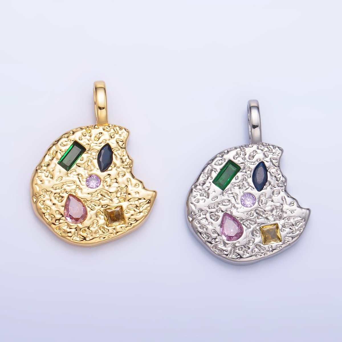 24K Gold Filled Multicolored CZ Textured Cookie Charm in Gold & Silver | AA1092 - DLUXCA