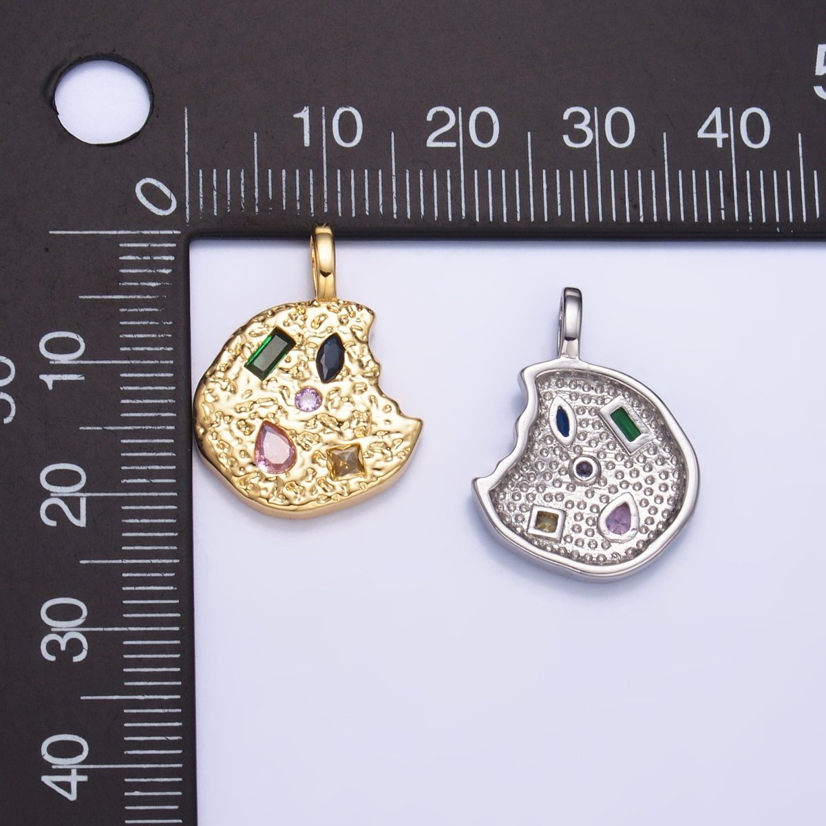 24K Gold Filled Multicolored CZ Textured Cookie Charm in Gold & Silver | AA1092 - DLUXCA