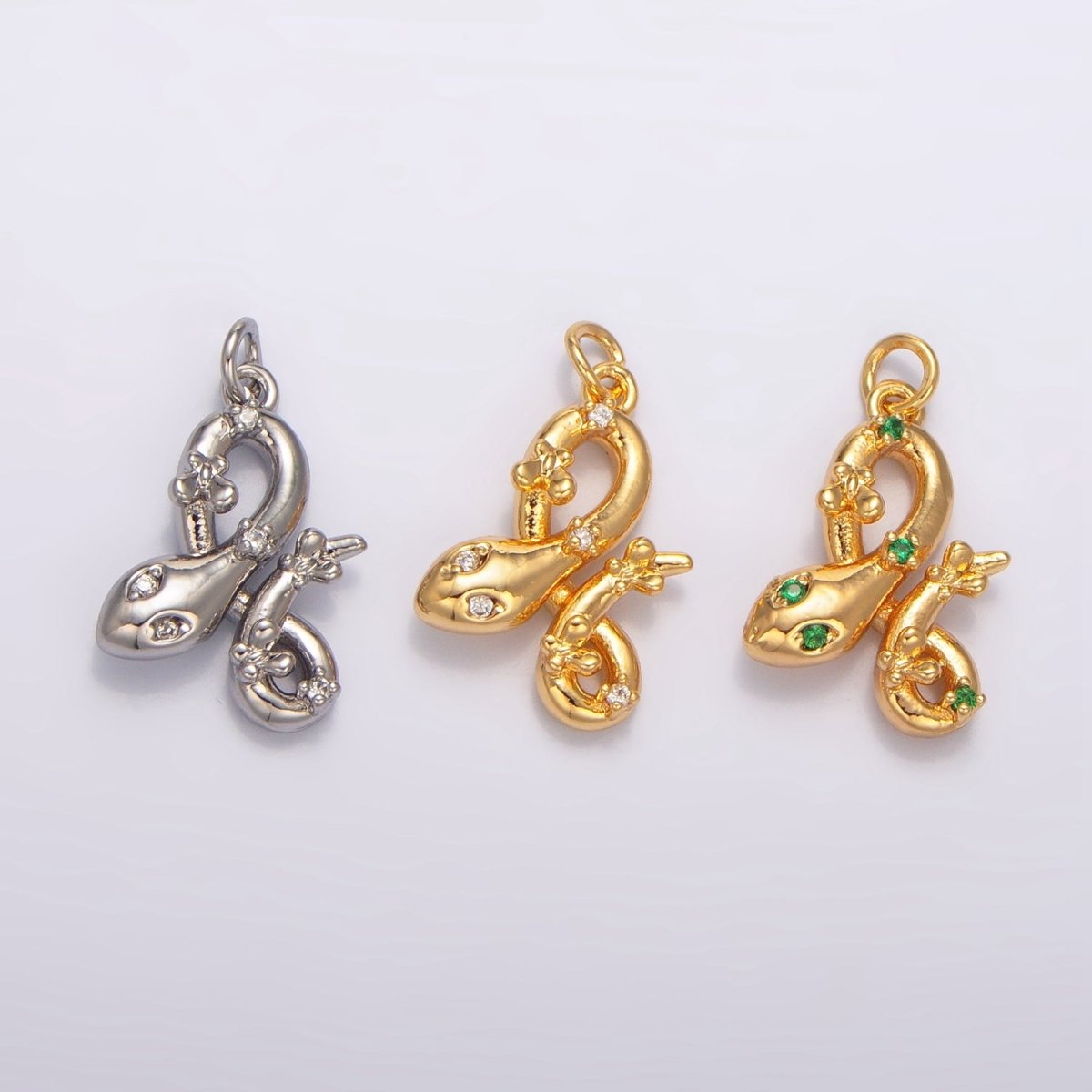 24K Gold Filled Multidimensional Clear, Green CZ Serpent Snake Animal Charm in Gold & Silver | W046 - DLUXCA