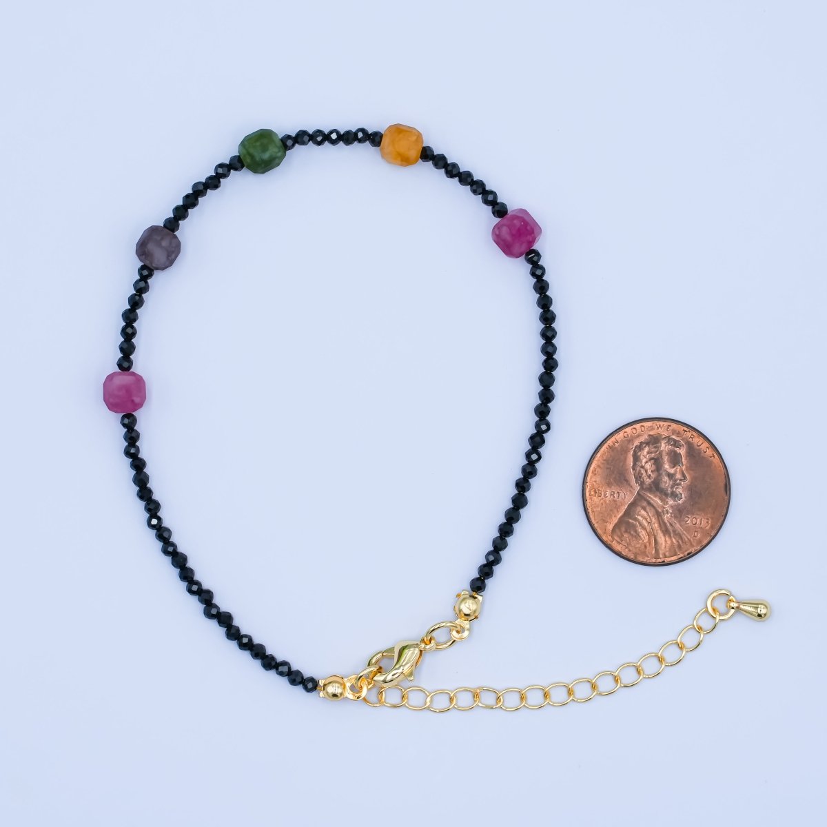 24K Gold Filled Multifaceted Multicolor Black Onyx Gemstone 7.5 Inch Bracelet | WA - 2881 - DLUXCA