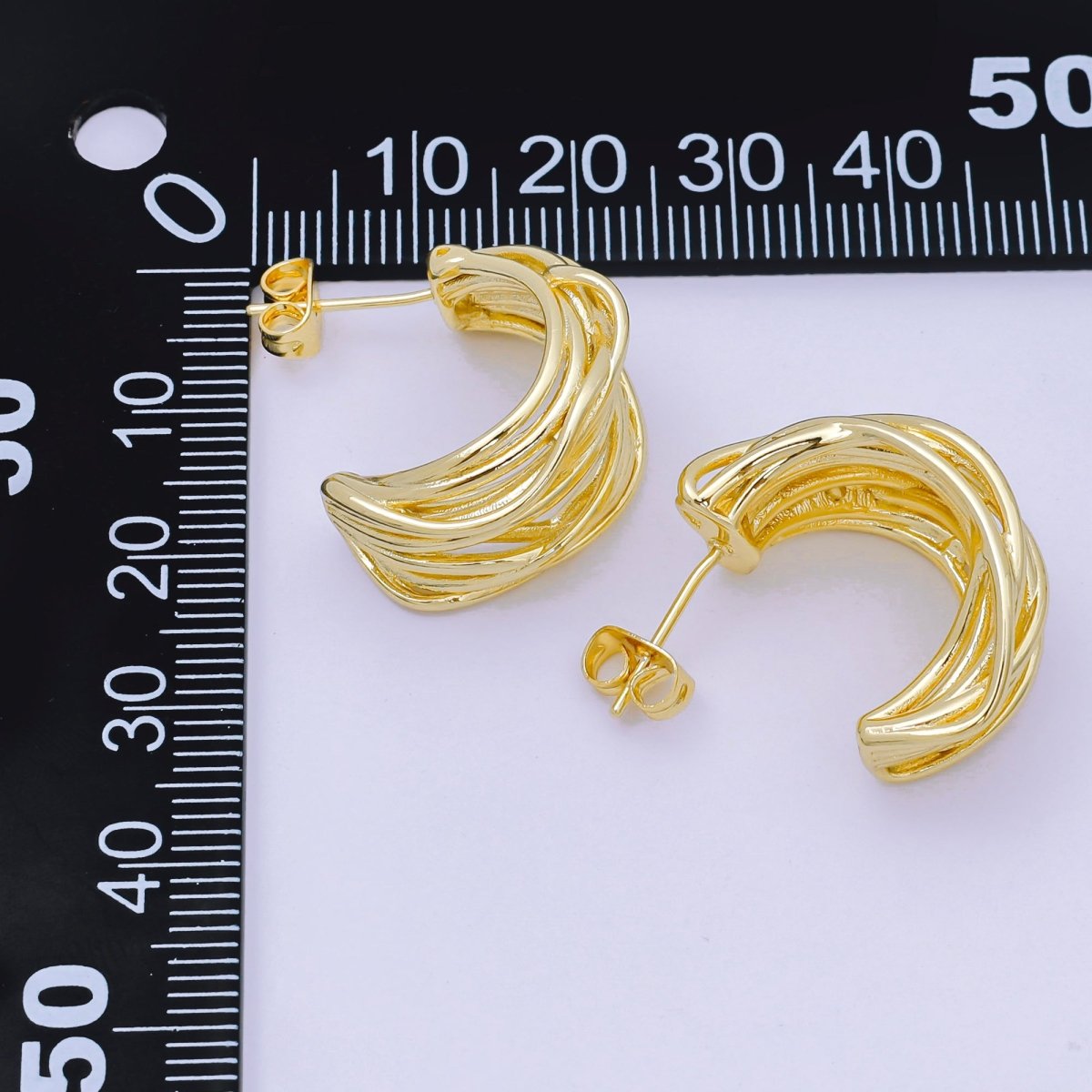 24K Gold Filled Multiple Band Lined C - Shaped Hoop Earrings in Gold & Silver | AJ140 AJ141 - DLUXCA