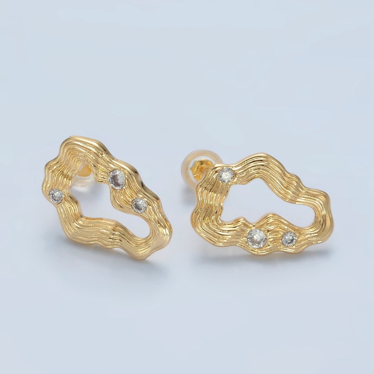 24K Gold Filled Multiple CZ Wavy Band Open Abstract Stud Earrings | AD744 - DLUXCA