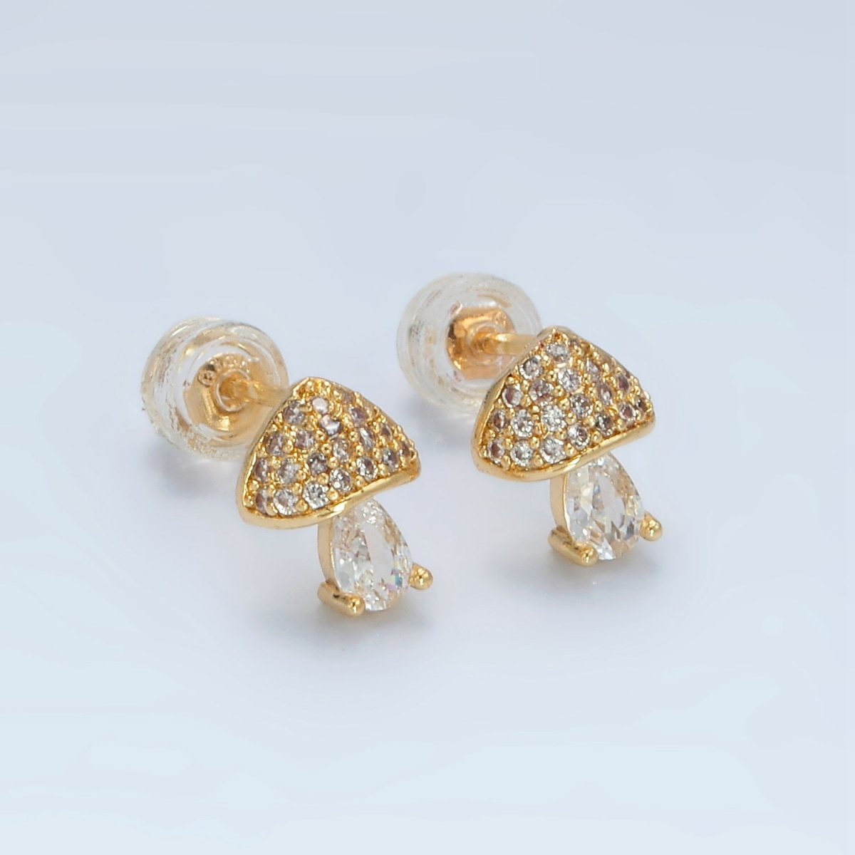 24K Gold Filled Mushroom Clear CZ Teardrop Micro Paved Stud Earrings | AB1241 - DLUXCA